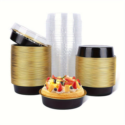 [Best-Selling Option] Set of 30 8oz Black & Golden Disposable Cheesecake Pans with Lids - Mini Aluminum Foil Pie Tins, Oven Safe, Great for Baking & Serving Desserts, Ideal for Christmas Parties, Small, Individual Round Containers for Tart Cake.