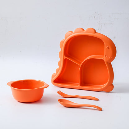 Children's dinnerware set shaped like dinosaurs - made of BPA-free plastic includes plate, bowl, fork, and spoon.