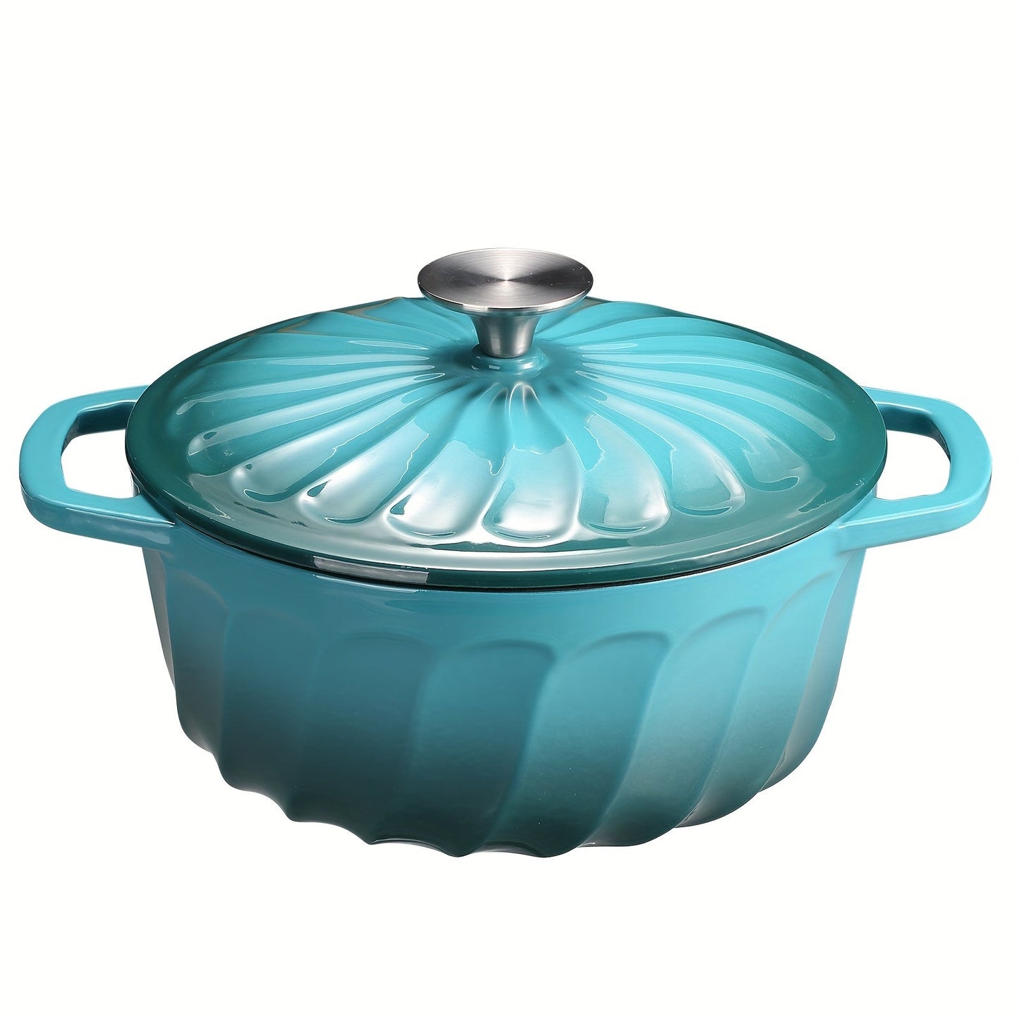 Turquoise blue enameled cast iron Dutch oven with lid, perfect for cooking on the stove or in the oven. This round casserole dish measures 28.45cm and is ideal for all your cooking needs.