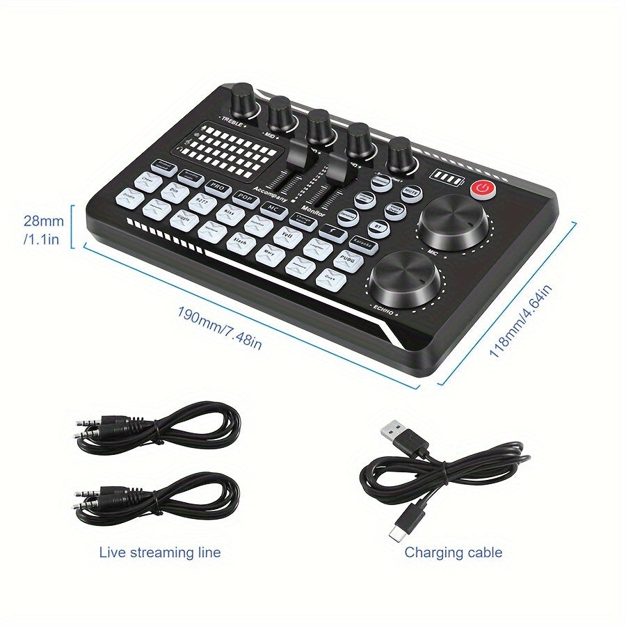 USB-powered live sound card with audio interface, DJ mixer effects, voice changer, rechargeable 1200mAh lithium battery, for streaming, podcasting, gaming - studio equipment.