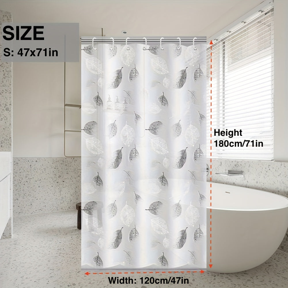 Lightweight plastic shower curtain with hooks and metal grommets, suitable for bathroom and window decoration.