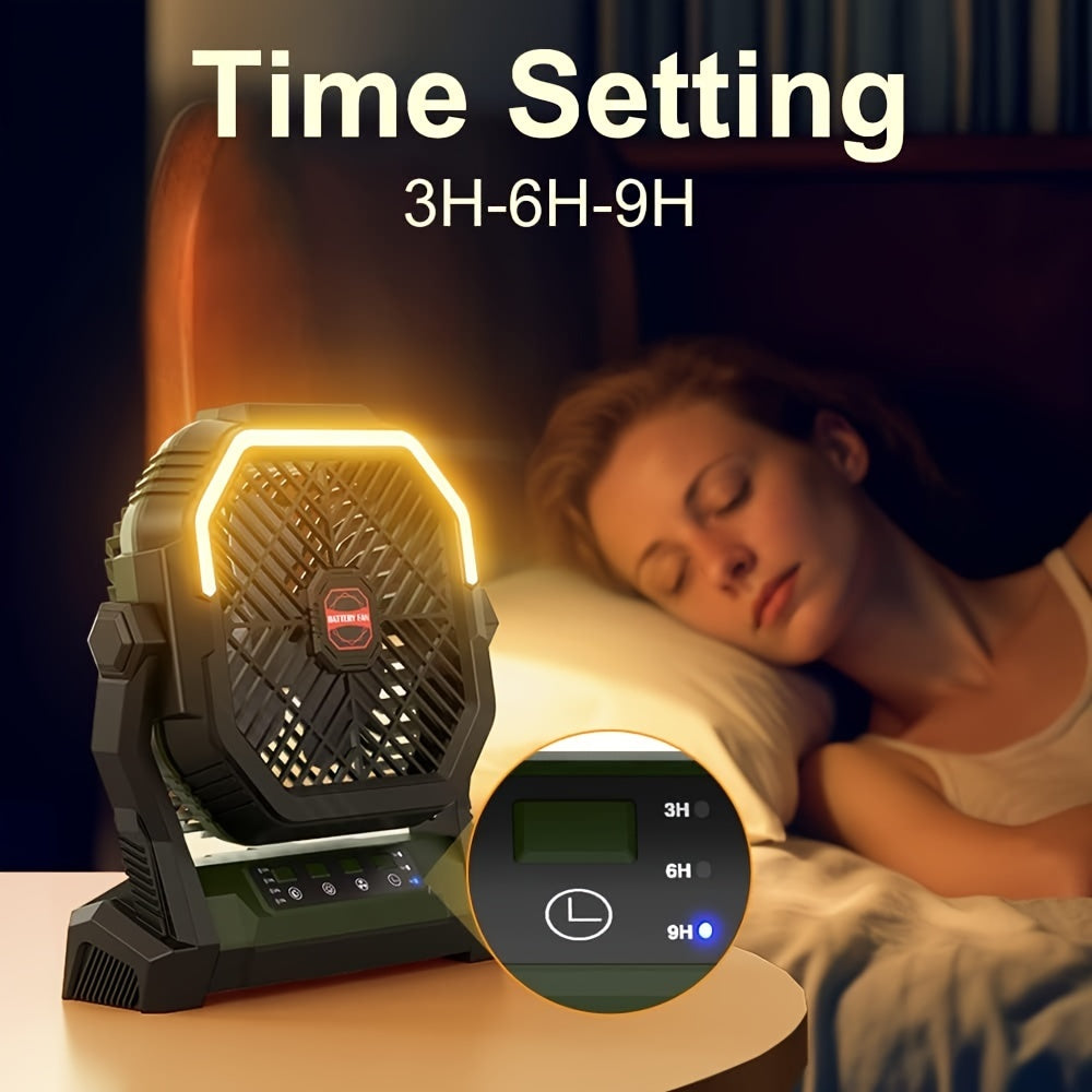 Portable Camping Fan with Rechargeable Battery, 4-Speed Settings, Lantern, Aroma Diffuser, Timer, and Fast Charging capabilities. Ideal for Camping, Beach trips, Home use, Office use, Job sites, and in case of Power Outages.