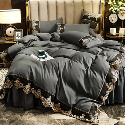 Modern luxury polyester duvet cover set with 2-3 pieces. Solid color with golden lace details. Soft, comfortable, and breathable with zipper closure. Suitable for bedroom, guest room, and