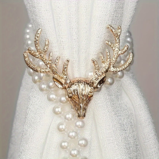 Luxurious and adjustable, these golden curtain tiebacks adorned with deer and artificial pearl decorations add an elegant touch to bedrooms, living rooms, and home decor, while securely holding curtains in place.