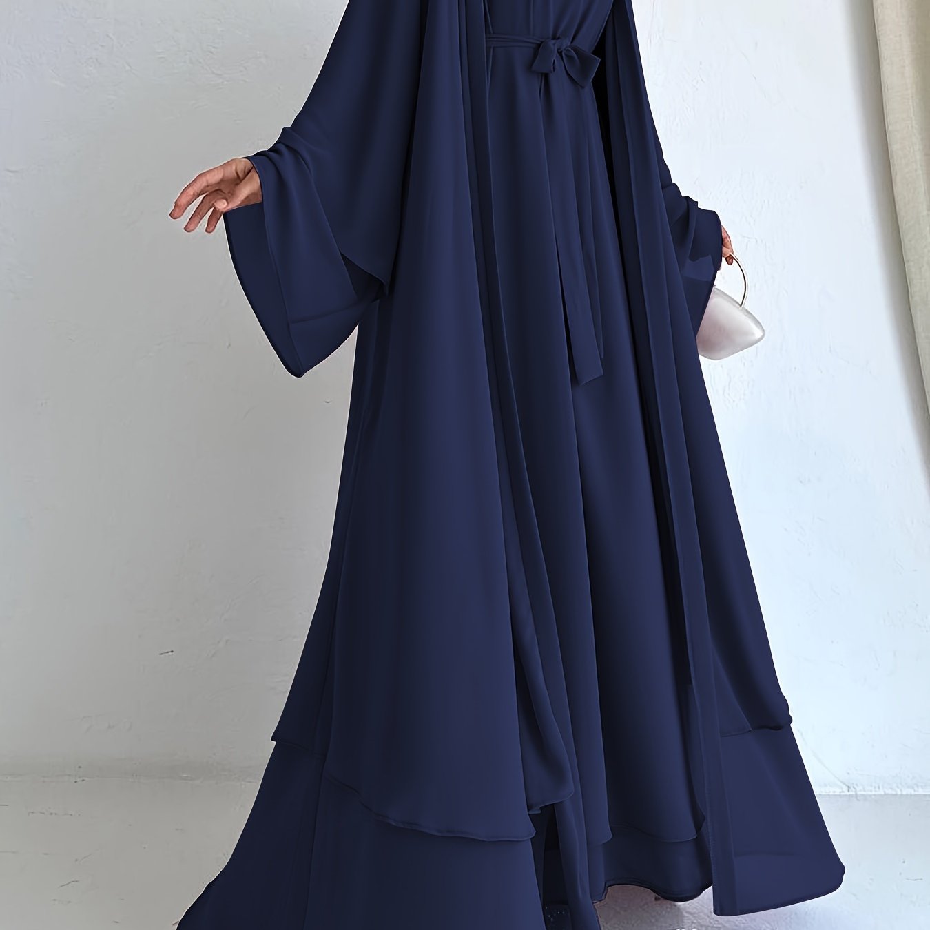 Stylish Navy Blue Chiffon Dress with Waist Belt - Traditional yet Lightweight, Perfect for Women All-Year Round