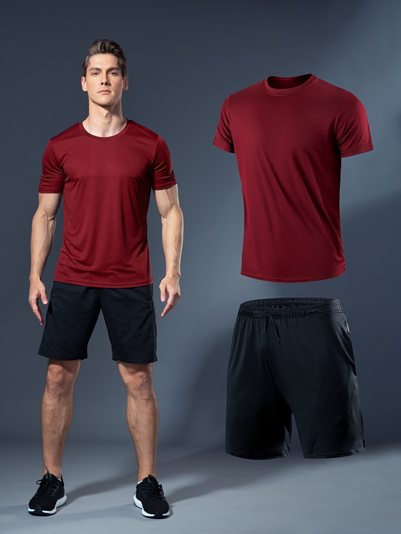 Summer men's fitness set includes white t-shirt and black shorts made of lightweight, quick-dry, breathable polyester for running, basketball training, and athletic wear.