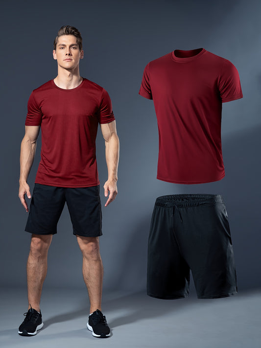 Summer men's fitness set includes white t-shirt and black shorts made of lightweight, quick-dry, breathable polyester for running, basketball training, and athletic wear.