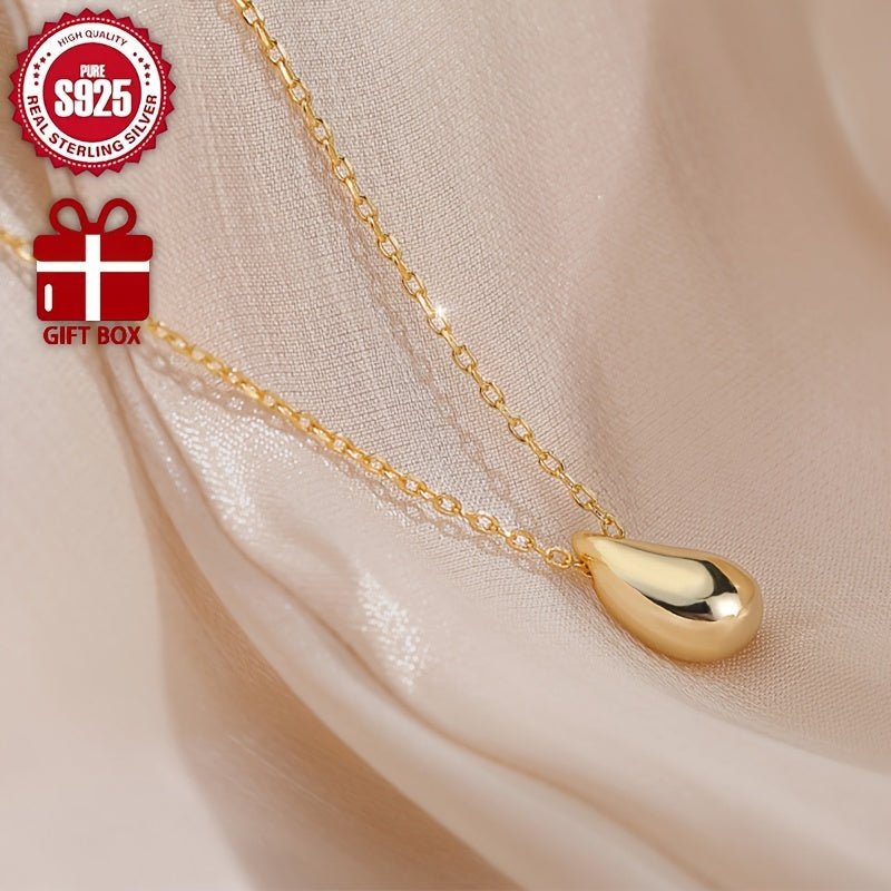 Exquisite teardrop pendant necklace made from high-quality 925 sterling silver with 18K golden plating. Hypoallergenic and designed to be gentle on skin. Comes with a stylish clavicle chain and a gift box. Perfect for everyday wear and special occasions.