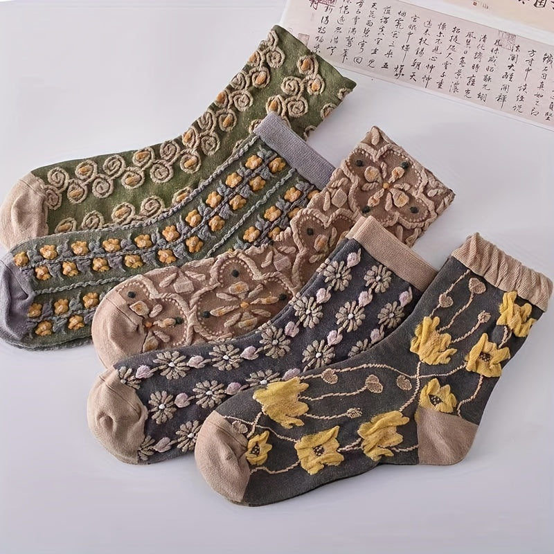 Five pairs of ethnic style mid-calf socks with embossed patterns, comfortable and breathable.