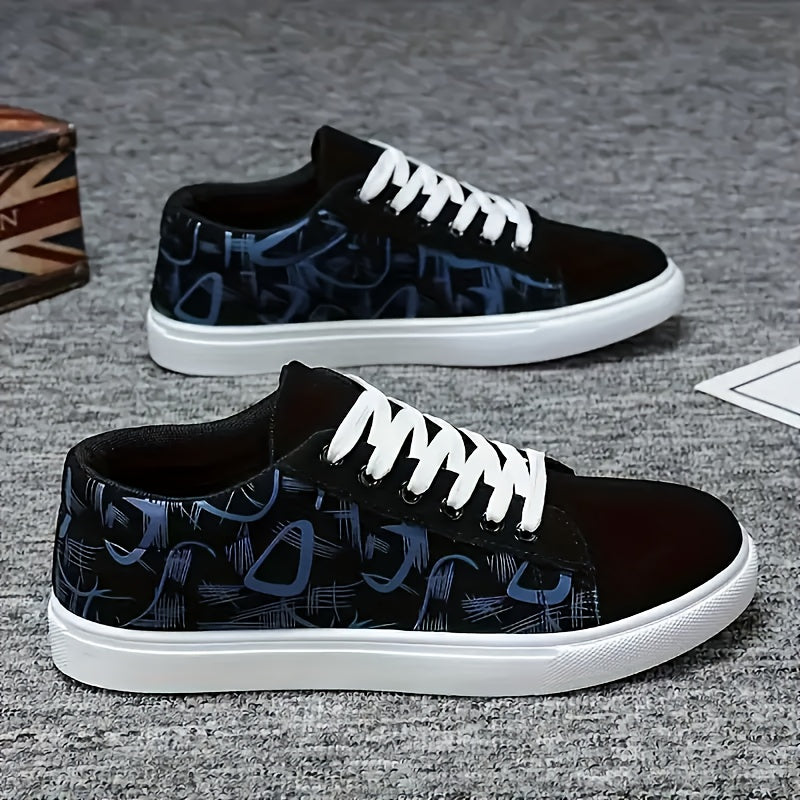 Men's vintage street fashion canvas sneakers with abstract print, breathable lining, durable sole, and skateboarding comfort for all seasons.