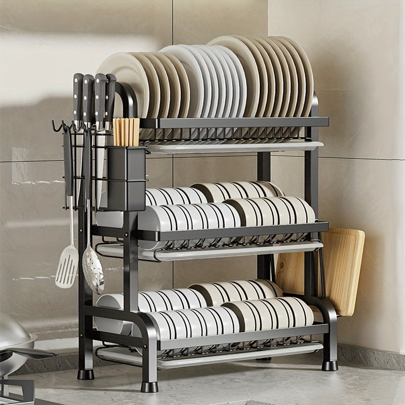 Double-layer kitchen organizer with space-saving design - Versatile dish rack for bowls and plates with drainage feature, made from durable metal materials.