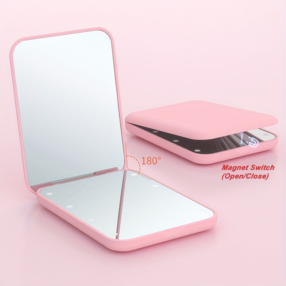 Travel-friendly LED makeup mirror with 1X/3X magnification, double-sided with lights, compact and portable for gifting.