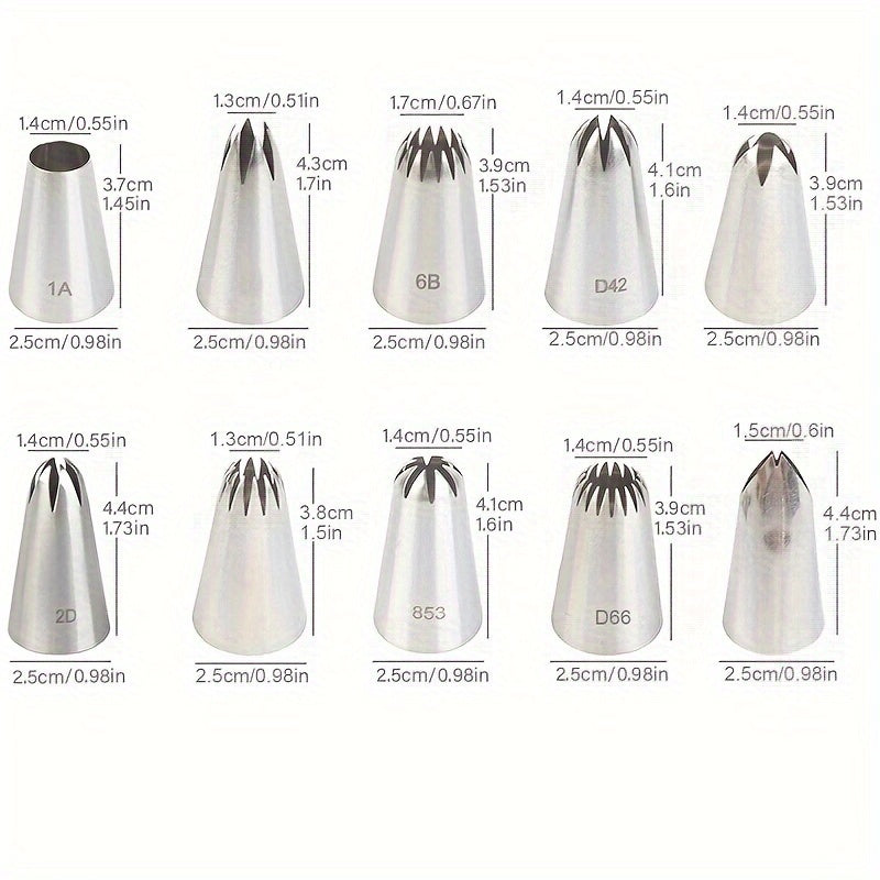 Durable and Easy to Clean Stainless Steel Icing Piping Tips Set - Includes 10pcs Cake Decorating Nozzles for Cupcakes, Cookies, and Cream Puffs - Food Grade Safe Baking Tools for Pastry and Desserts