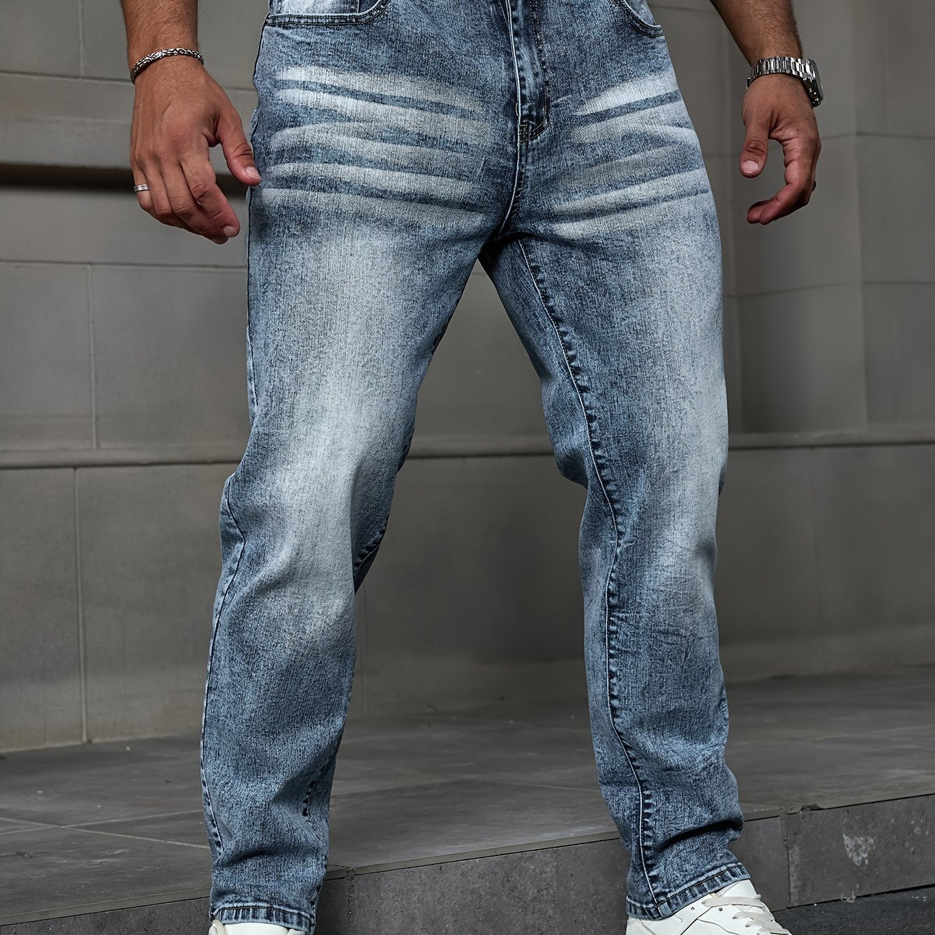 Men's plus size stretch denim jeans with snowflake detail. Casual, high-stretch, machine washable, solid color.