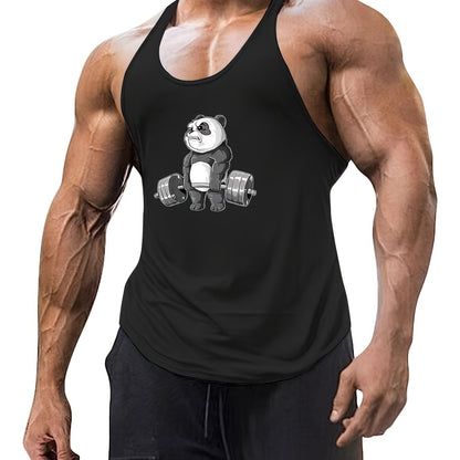 Casual, sleeveless, breathable tank top with cartoon panda print for men.