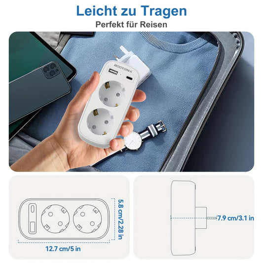 ROOTOMA Double Plug with USB for Socket Outlet, 4-in-1 Grey Adapter for Home Office.