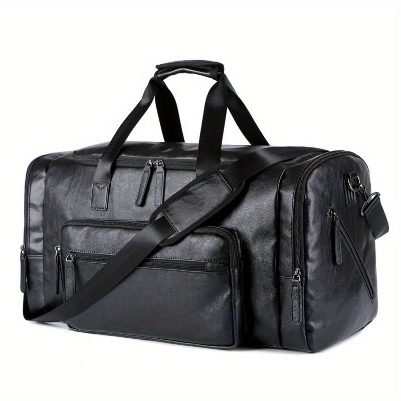 Large men's duffel bag with adjustable strap and multiple compartments, perfect for casual carry-on travel and weekend outings.