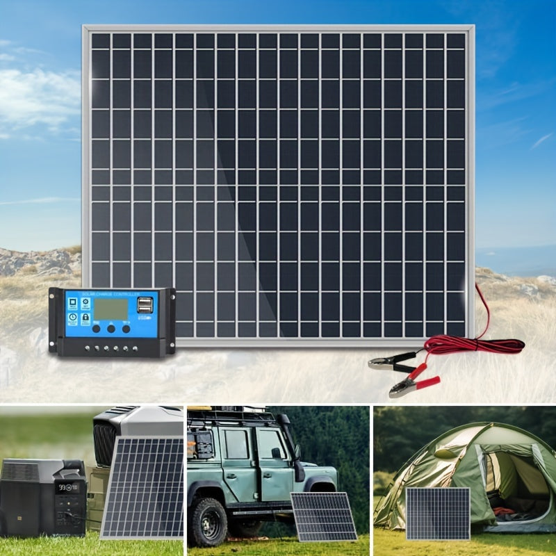 Portable solar panel kit with various controller options for charging a variety of devices and equipment including power banks, vehicles, phones, surveillance systems, and pet houses. Can