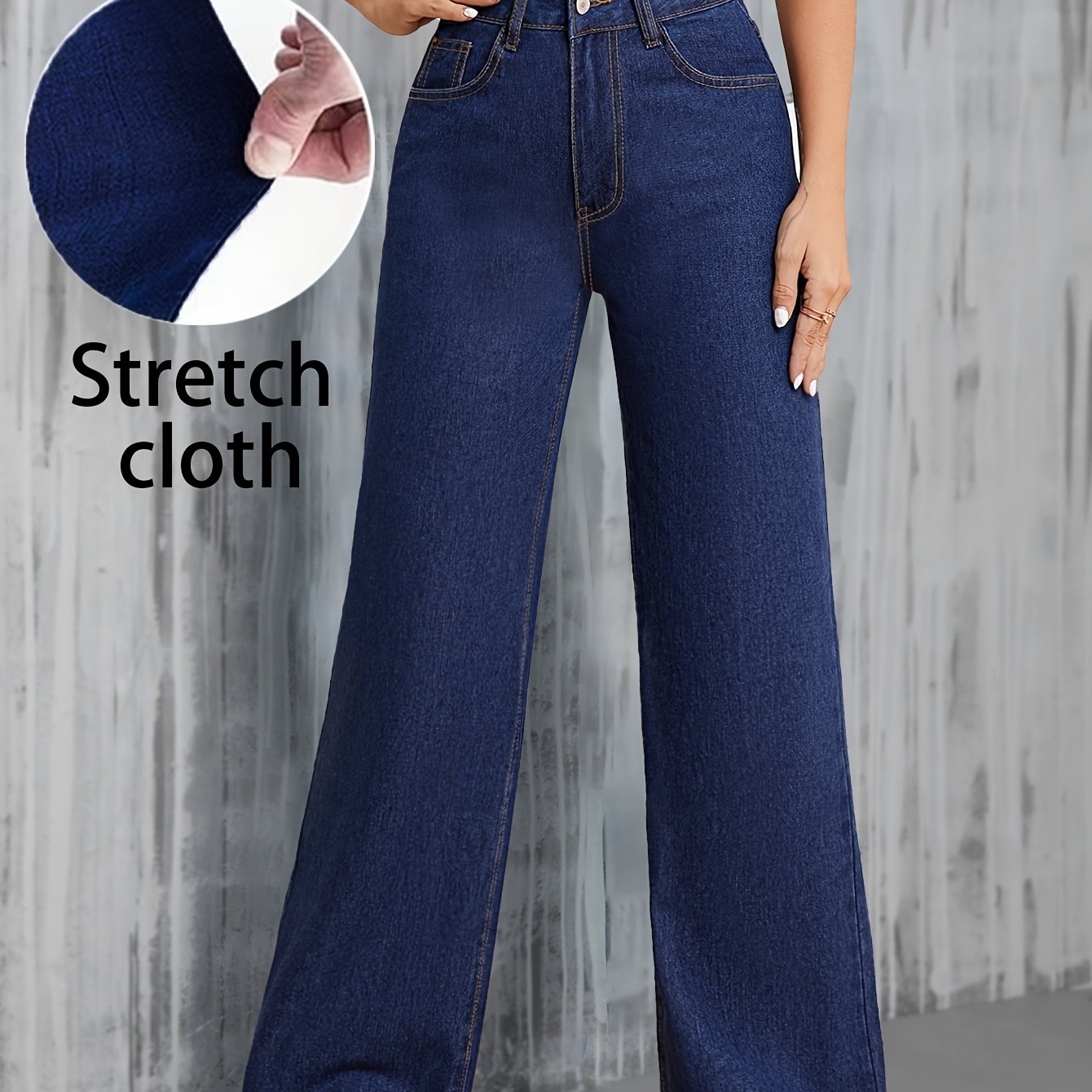 High-waisted wide leg jeans for women, preppy style, solid color denim with button fly closure and washed detail, loose fit for all-season casual wear.