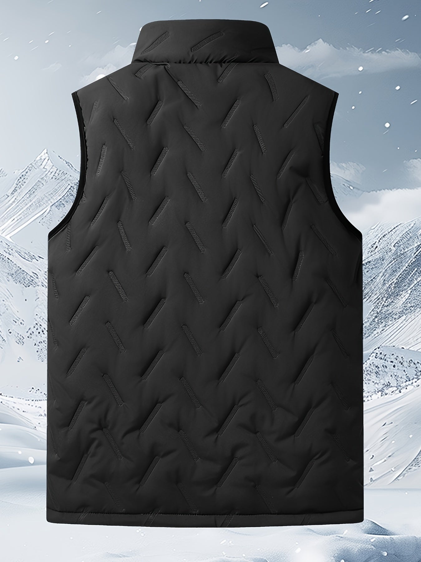 Men's geometric-patterned polyester vest with stand collar and zipper closure - perfect for fall/winter weekends.