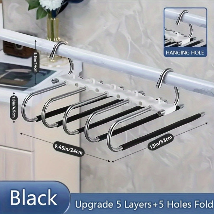 Space-saving stainless steel pants hanger with 1 piece, 5/9-layer design. Features non-slip S-hook for organizing tights, pants, and clothing in your closet.