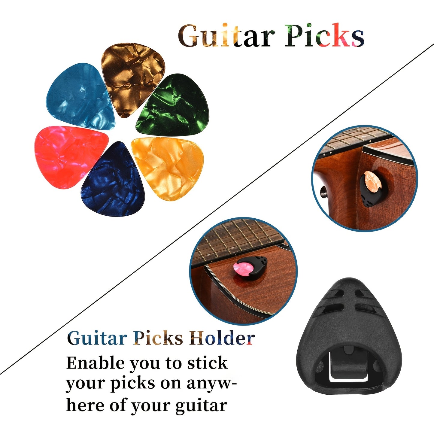 Guitar tuner with picks, capo, quick-release clip-on tuner for guitar, violin, bass, ukulele.