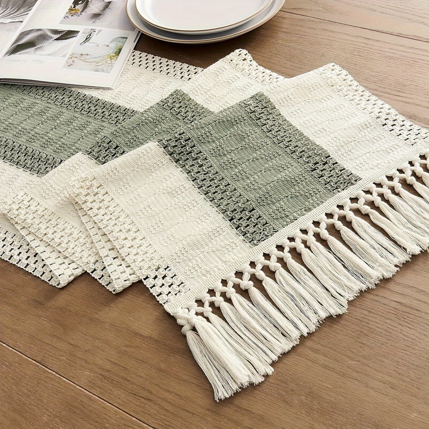 Bohemian sage green striped table runner, perfect for home décor and holiday celebrations.