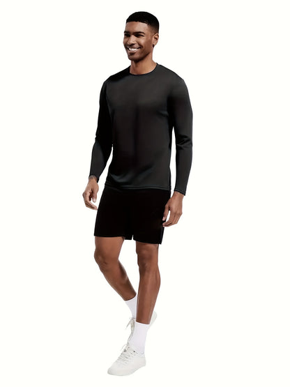 5-Pack Men's Athletic Long Sleeve Crew Neck Shirts in Deep Red, Military Green, Navy, Black, and Grey. Made of Quick-Dry Polyester Knit Fabric for Running, Workout, and Dining. Regular Fit