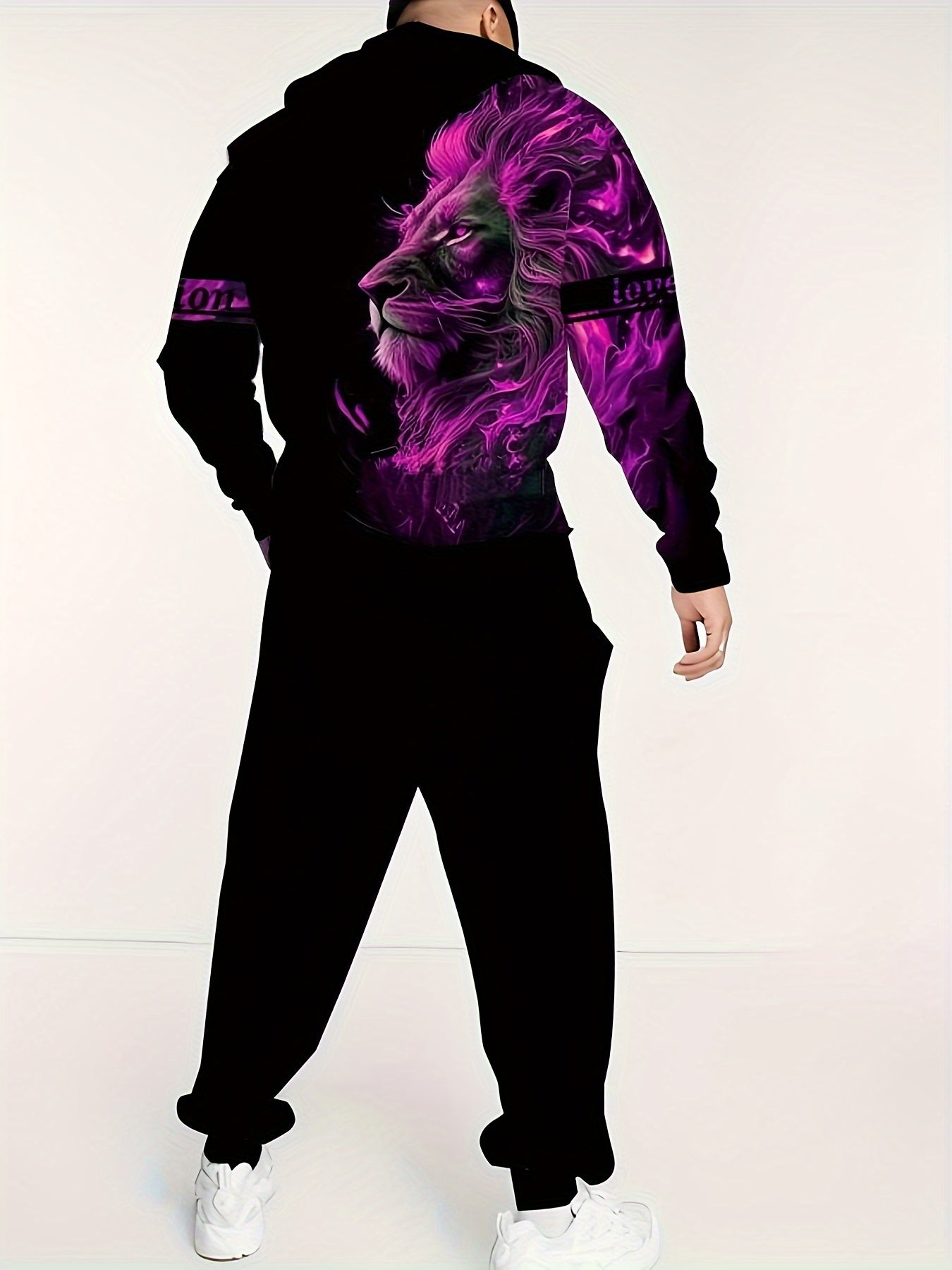 Plus size men's lion print hoodie and sweatpants set for fall/winter.