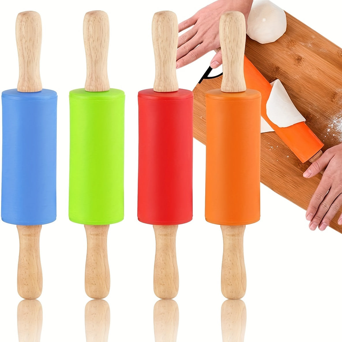 Small rolling pin suitable for kids with a wooden handle and non-stick silicone dough roller, ideal for baking activities.