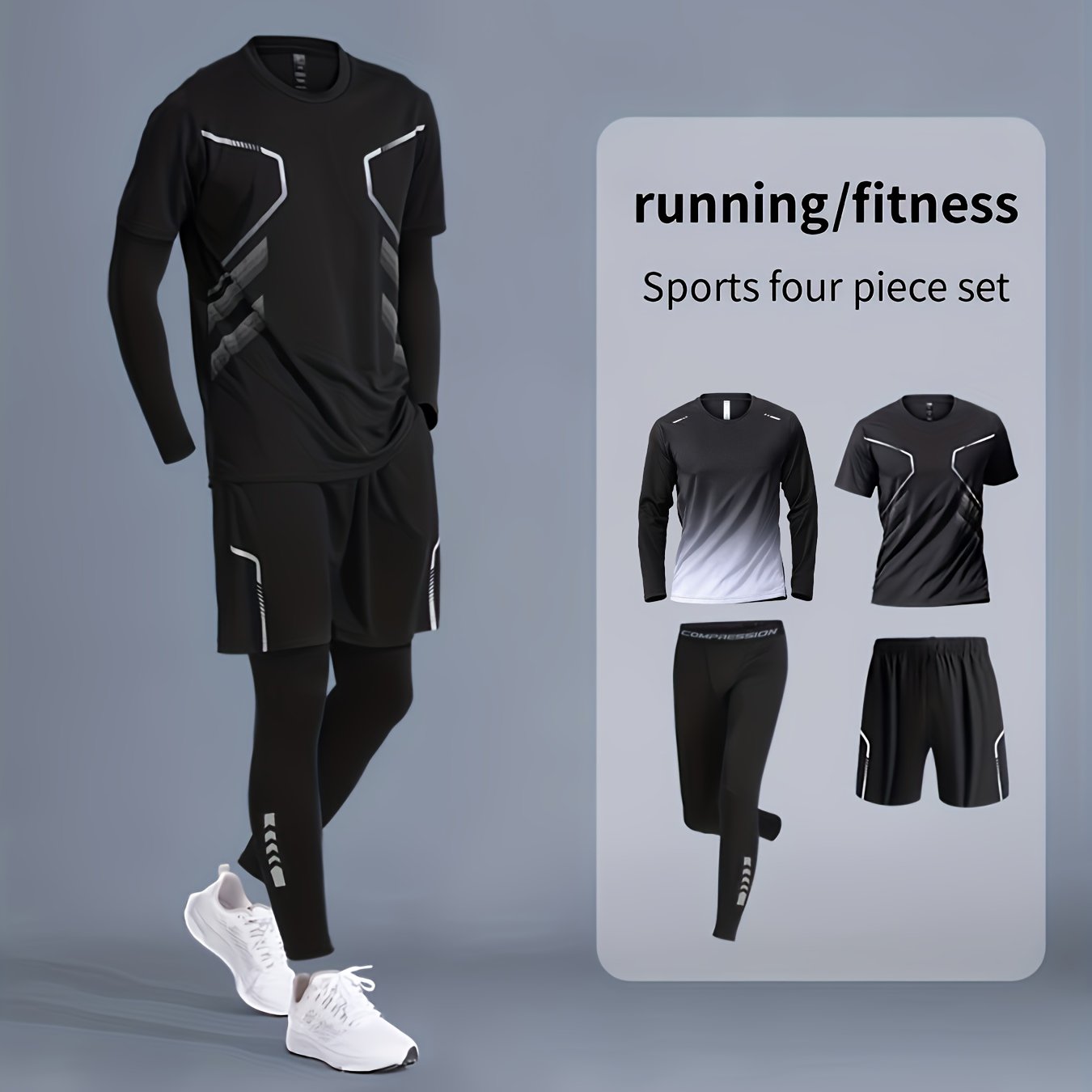 Men's sportswear set for running and gym, designed for all seasons with quick-dry fabric. Perfect for morning runs and cycling with tight-fitting gear.