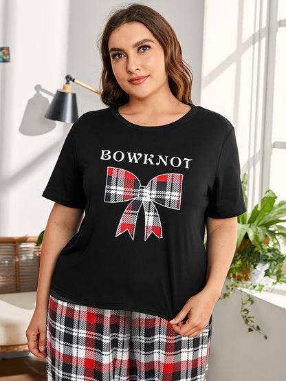 Women's casual clothing set with bowknot and plaid print, featuring a short sleeve round neck top and capri pants for a comfortable relaxed fit.