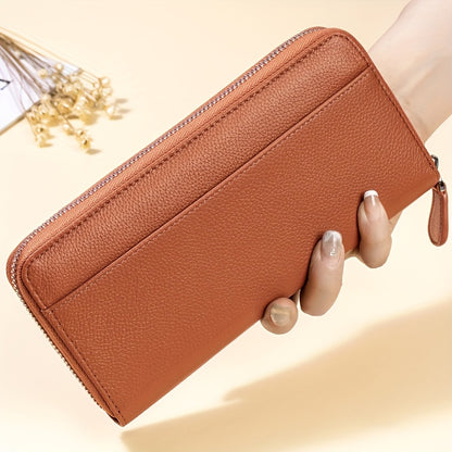 Women's Genuine Leather RFID Anti-theft Long Zipper Wallet with 19 card slots, 1 coin pocket, and 5 cash slots.