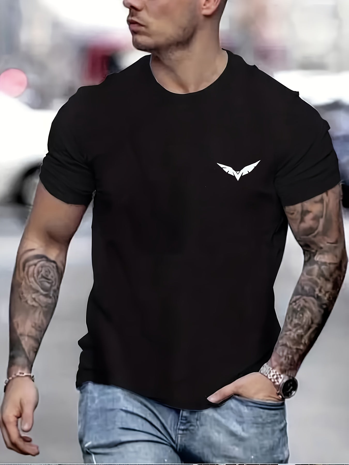 Men's casual crew neck t-shirt, 100% polyester knit fabric, solid color short sleeve top suitable for all seasons.