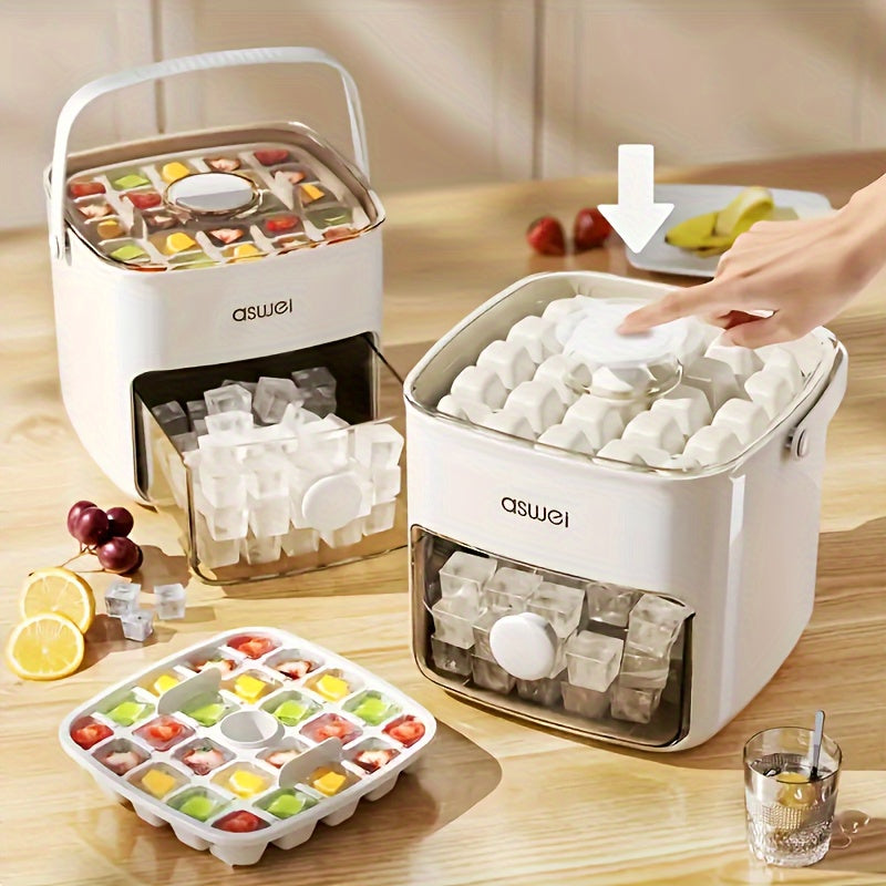 Portable 48-cube ice maker with easy-press lid, double layer design for freezing and storage. Includes silicone tray and PET material, no electricity needed. Ideal kitchen accessory with