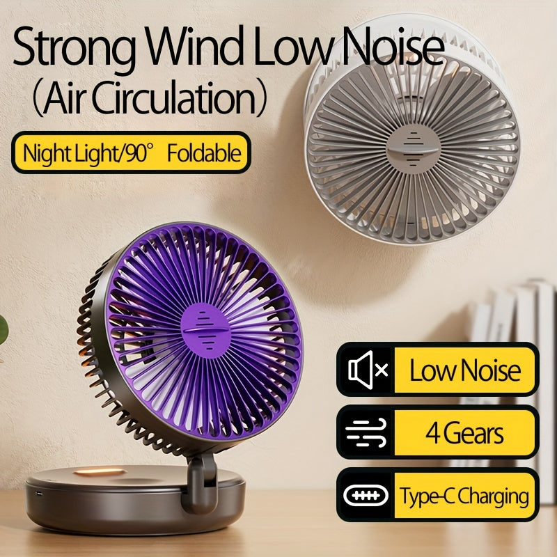 Versatile and Compact 3-in-1 Rechargeable Circulation Fan with Quiet Brushless Motor and Warm Night Light Feature - Perfect for Office, Home, and Outdoor Use - Includes Traceless Hook for Easy Mounting - Portable and Foldable Design with 4 Adjustable