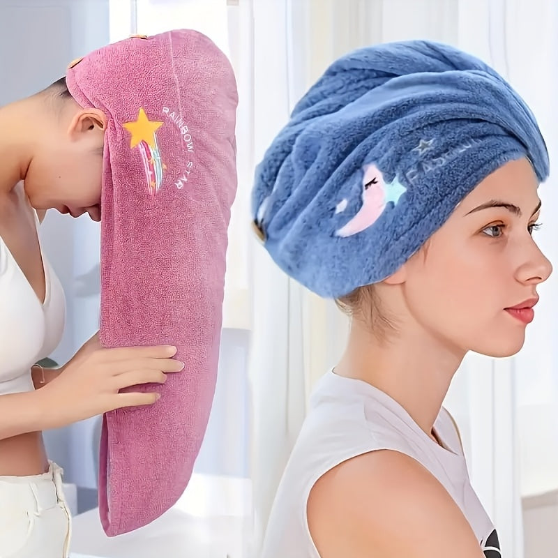 Large fashion microfiber hair towel, 65.0cm x 24.99cm, soft coral fleece, absorbent bath cap, embroidered headwrap, formaldehyde-free, portable.