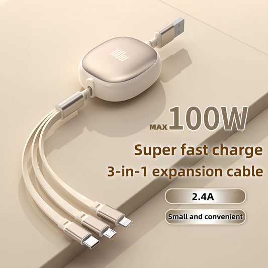 3-в-1 выдвижной USB-кабель для быстрой зарядки мощностью до 100 Вт. Совместим с iPhone 13/14/12/11/X, Huawei и Samsung. Поддерживает синхронизацию данных на скорости 480 Мбит/с и USB-энергоснабжение.