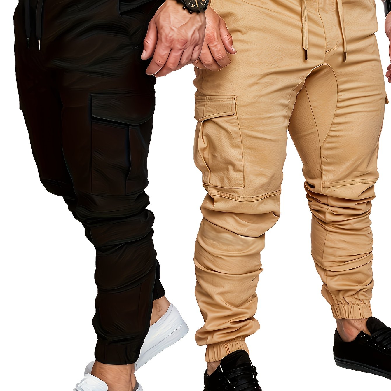 2-piece men's cargo pants set in solid color cotton with drawstring waist, regular fit, all-season wear.