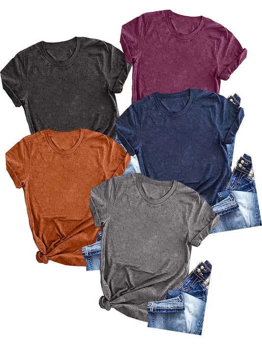 5-Pack Women's Casual Crew Neck T-Shirts, Solid Color Short Sleeve Summer Tops made from Polyester Knit Fabric with Slight Stretch