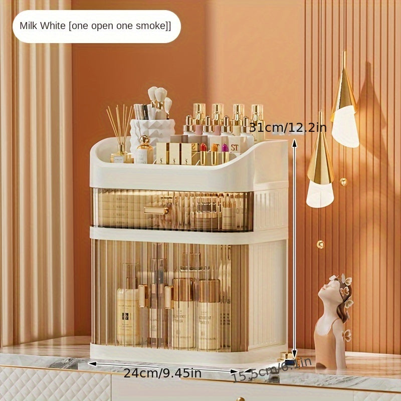 Transparent cosmetic organizer for makeup and skincare with multi-layer sliding drawer storage, perfect for lipstick and lightweight plastic vanity cabinet.