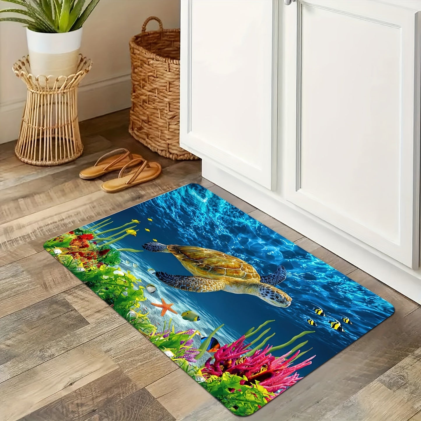 Soft Non-Slip Bath Rug featuring a Sea Turtle Pattern, Absorbent Carpet for Home Living Room Bathroom. Funny and Stylish Home Decor Accessory.