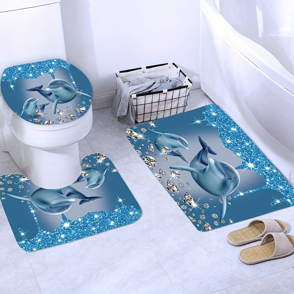 Ocean Dolphin Shower Curtain Set with 3D printed cartoon design, made of twill weave polyester fabric. Includes non-slip washable bath mat, toilet cover, and twist top with hooks. Suitable