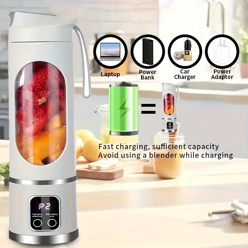 A versatile USB charging juicer blender with a digital display. Features include a 15.2 ounce capacity, 12 blades for powerful blending, 3 gears for customizing textures, ice crushing capability, low noise operation, easy cleaning, long battery life