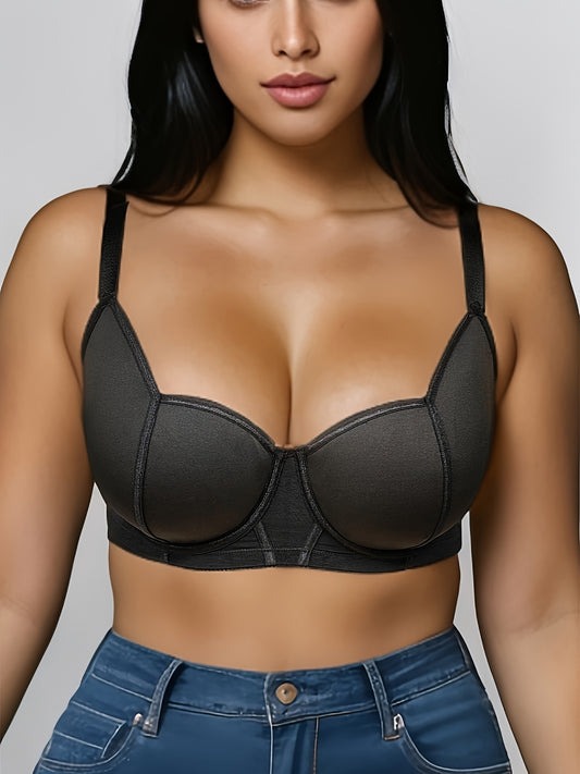 Women's plus size underwire bra in elegant solid color knit fabric, made of 72% polyamide and 28% elastane, collarless, no padding push-up bra with medium stretch.