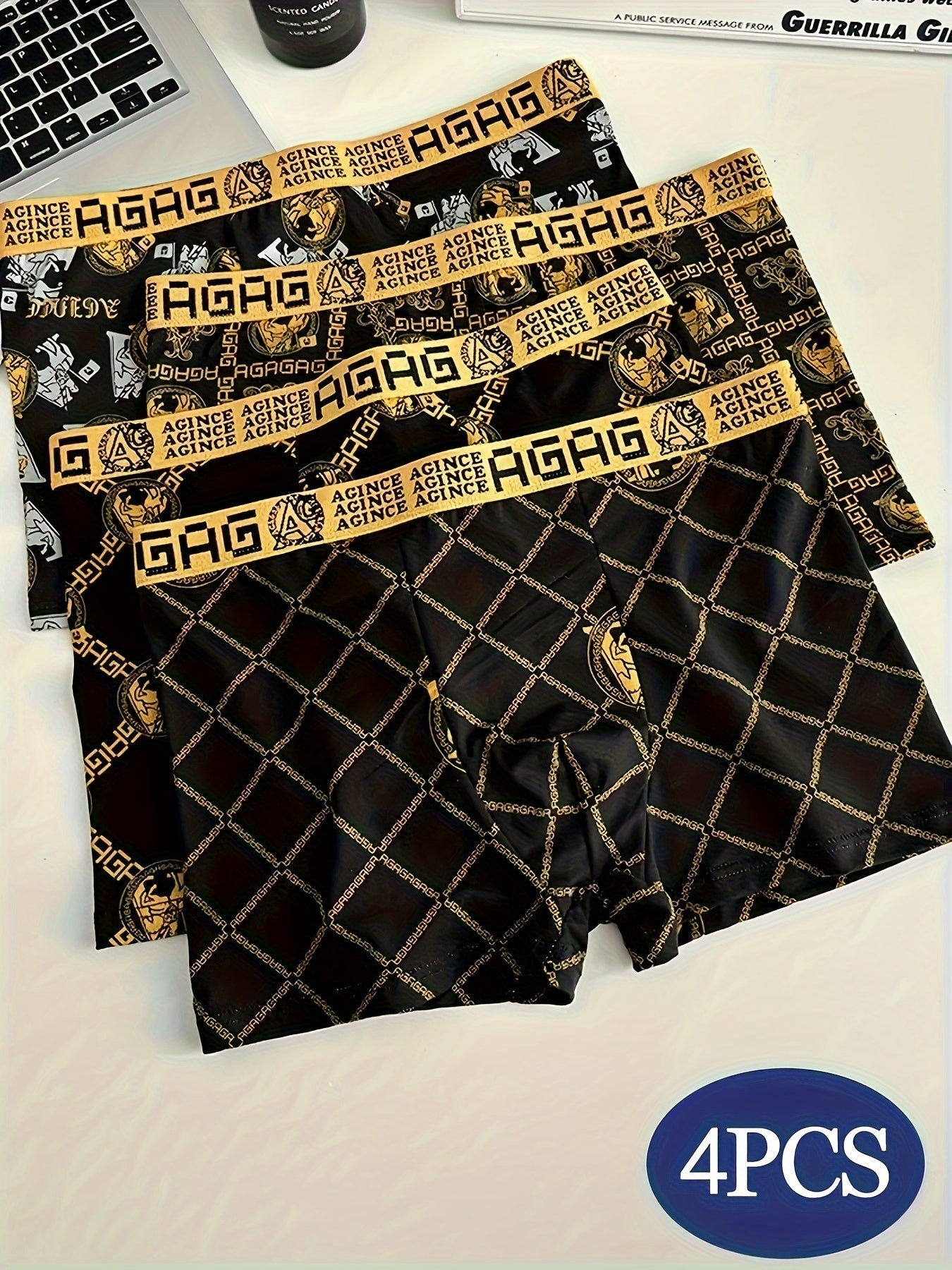 Men's Boxer Briefs - Soft, Breathable Polyester Blend with Chain & Skull Print, Comfort Fit Waistband, Casual Attire Underwear