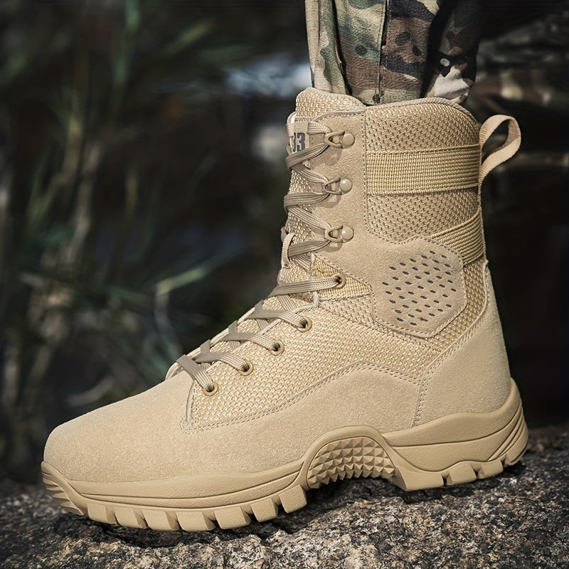 High top tactical work boots with side zipper, non-slip and durable for outdoor hiking activities.