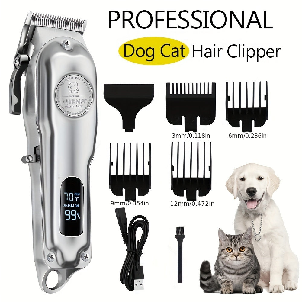 High-quality, rechargeable, cordless dog clipper with LED display screen, suitable for large dogs, low noise.