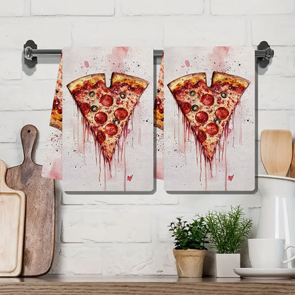 Set of 2 Ultra Soft Kitchen Towels in Valentine's Day Pizza Love Theme. Highly Absorbent and Machine Washable Dish Hand Towels, measuring 40.64x60.96 cm. Featuring a Contemporary Style, made of Polyester perfect for Holiday Decor. These Kitchen Hand