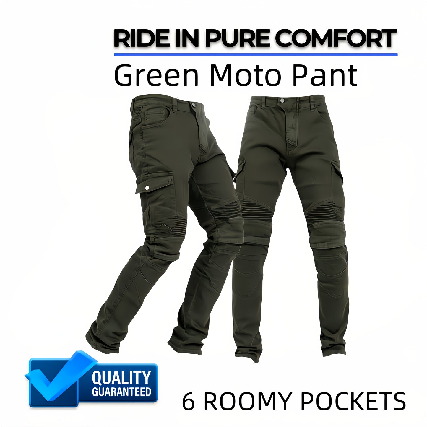 Men's motorcycle pants made of durable, breathable cotton blend with removable padding and multi-pocket design in blue, green, black. Perfect for riding and outdoor adventures.